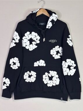 Avenue George V Paris Floral Graphic Hoodie Black Streetwear Pullover L